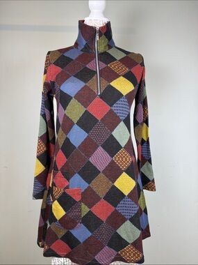 🔸Parsley & Sage Geometric Patchwork Harlequin Diamond Quarter Zip Dress Tunic S
